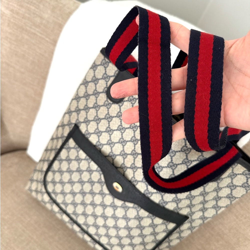 Gucci authentic navy grey monogram coated canvas tote bag ribbon handles - Picture 12 of 16